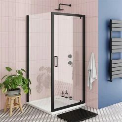 Toreno Matt Black 900 X 900mm Pivot Door Shower Enclosure Without Tray