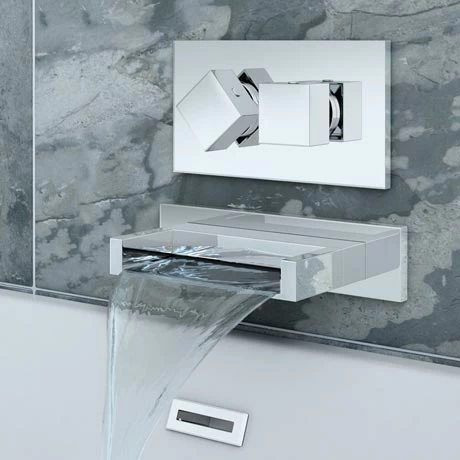 Toreno Wall Mounted Waterfall Bath Filler + Concealed Thermostatic Valve 1 Toreno Wall Mounted Waterfall Bath Filler + Concealed Thermostatic Valve